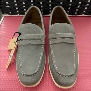 Gray Penny Loafers with Suede Finish and Contrasting Sole